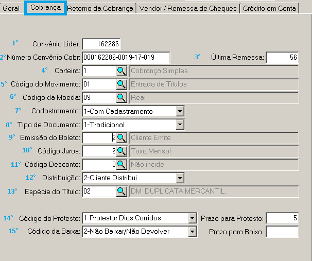 Tela da Aba Cobrança do Convênio de Cobrança