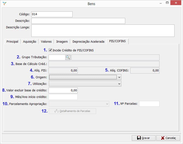 Cadastro do Bem - Aba PIS/COFINS